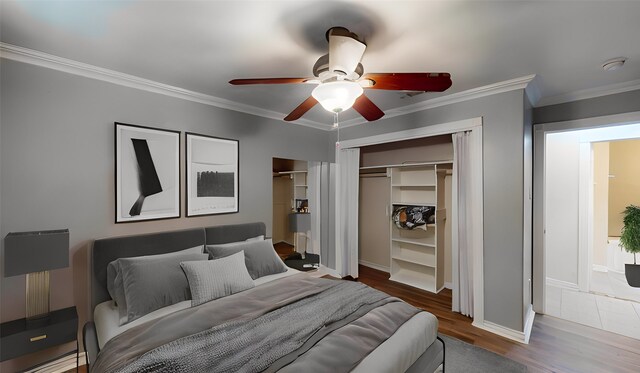 bedroom with wood-type flooring, a closet, ornamental molding, and ceiling fan