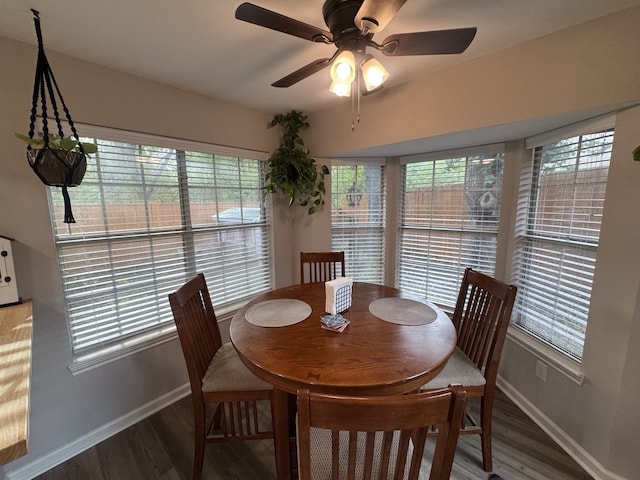 dining space with ceiling fan and hardwood / wood-style flooring