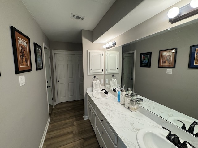 bathroom with wood-type flooring and vanity