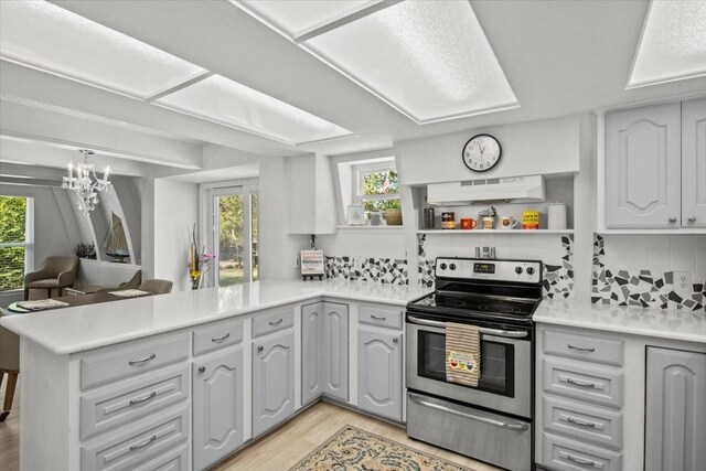 315 Highlander Hts, Hideaway, TX 75771 - kitchen featuring electric stove, light wood-type flooring, light countertops, a peninsula, and under cabinet range hood