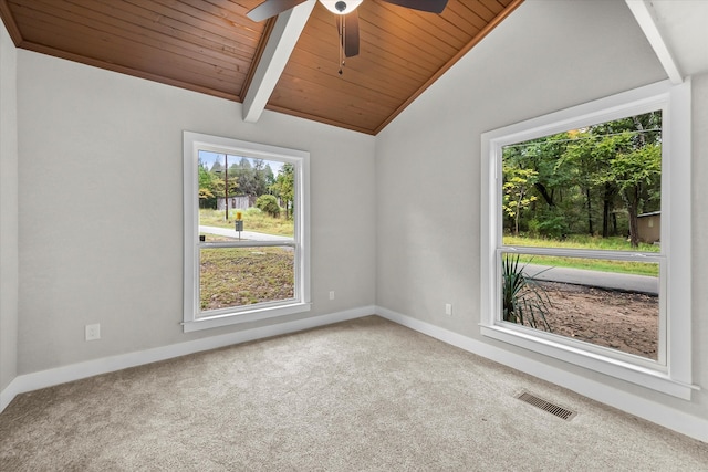 spare room featuring ceiling fan, wood ceiling, lofted ceiling with beams, and carpet