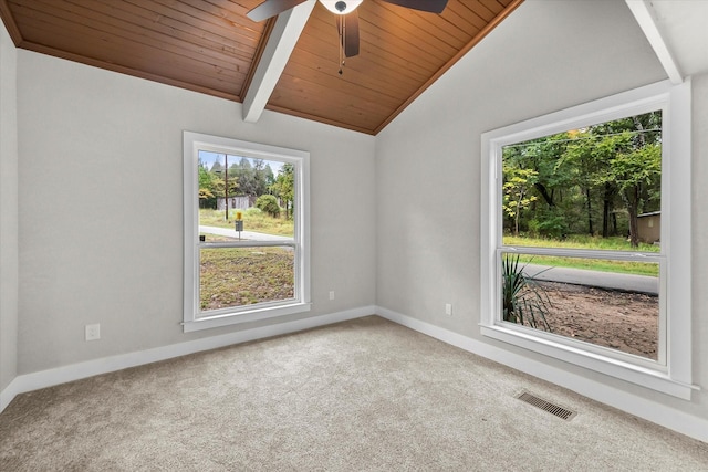 empty room featuring carpet flooring, visible vents, lofted ceiling with beams, and wood ceiling