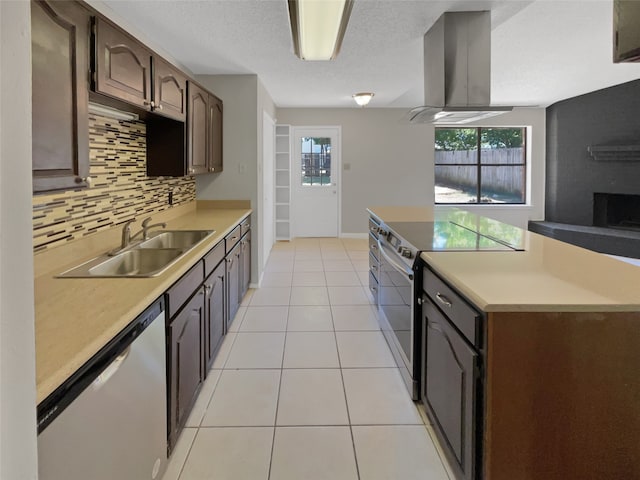 kitchen featuring light tile patterned flooring, range with electric stovetop, dishwasher, exhaust hood, and sink