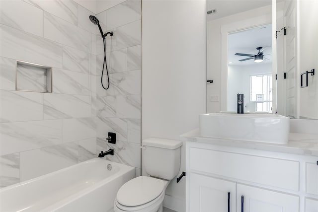 full bath with tub / shower combination, visible vents, toilet, and vanity