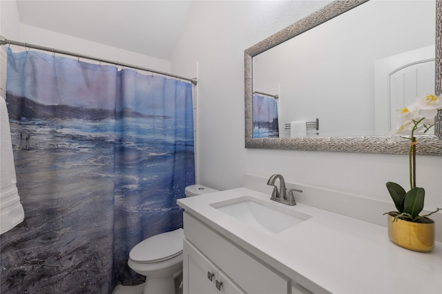 bathroom featuring a shower with curtain, vanity, and toilet