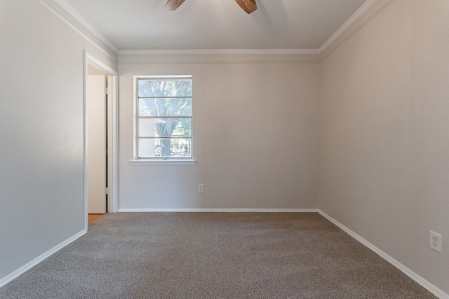 carpeted empty room with ceiling fan and crown molding