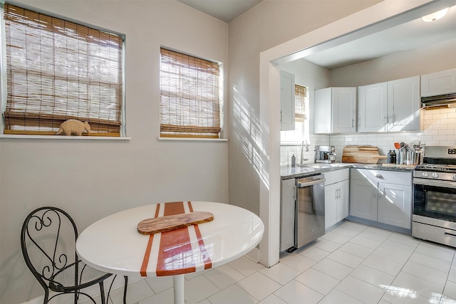 kitchen featuring sink, white cabinetry, stone counters, decorative backsplash, and appliances with stainless steel finishes