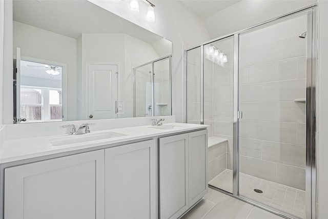 bathroom with vanity and walk in shower