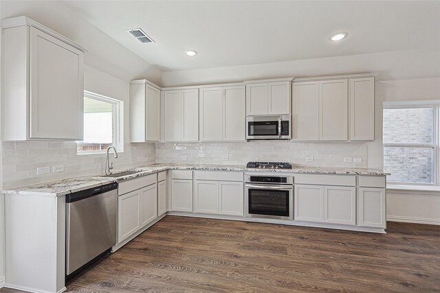 kitchen featuring light stone counters, stainless steel appliances, ceiling fan, a healthy amount of sunlight, and white cabinets