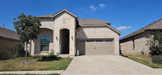 french country inspired facade featuring a garage, stone siding, brick siding, and concrete driveway