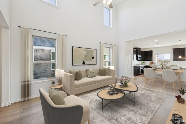 3913 Sky Dr, Sherman, TX 75090 - living area with light wood-type flooring, a high ceiling, and a ceiling fan