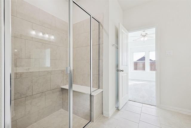 3913 Sky Dr, Sherman, TX 75090 - bathroom featuring a shower stall, tile patterned floors, a ceiling fan, and baseboards