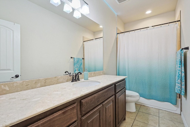 full bathroom featuring toilet, shower / bath combo, vanity, and tile patterned floors