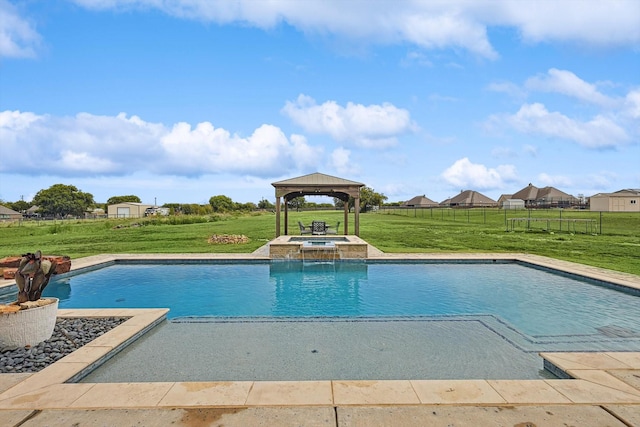 view of pool with a lawn, a gazebo, and an in ground hot tub