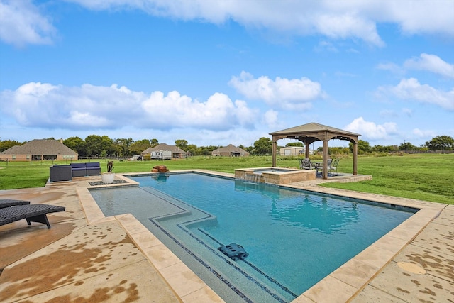 view of swimming pool featuring a gazebo, a lawn, an in ground hot tub, and an outdoor living space