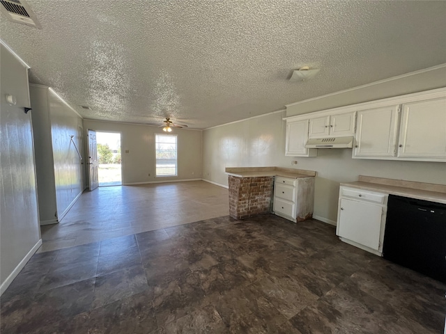 kitchen with ceiling fan, white cabinets, a textured ceiling, and dishwasher