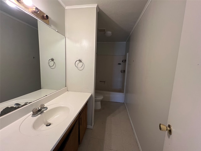 bathroom with tile patterned flooring, a textured ceiling, ornamental molding, vanity, and toilet