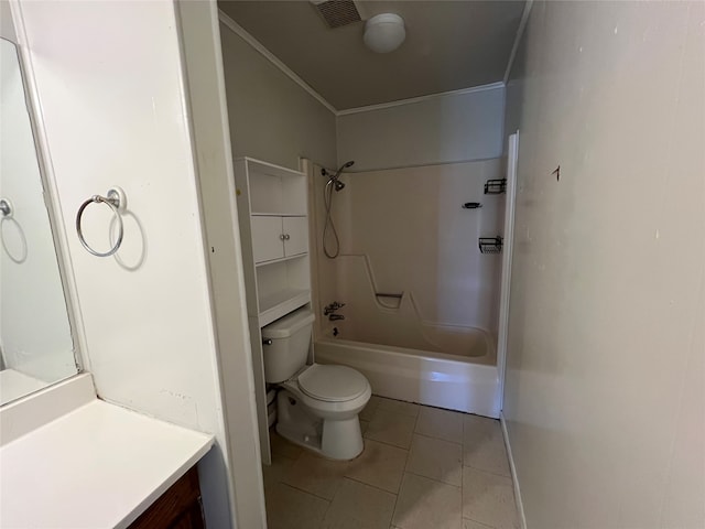 full bathroom with vanity, shower / tub combination, tile patterned floors, crown molding, and toilet