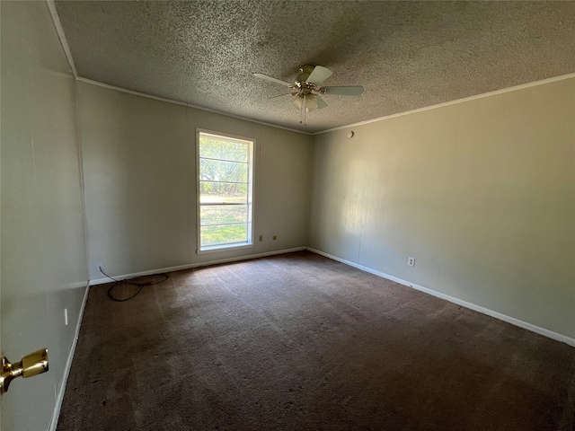 unfurnished room with ornamental molding, ceiling fan, carpet floors, and a textured ceiling