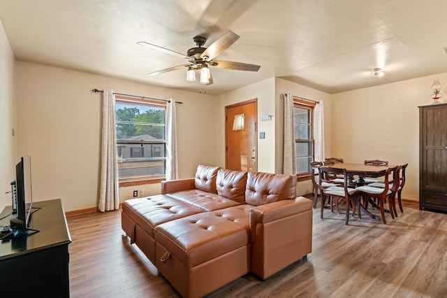 living room with ceiling fan and hardwood / wood-style floors