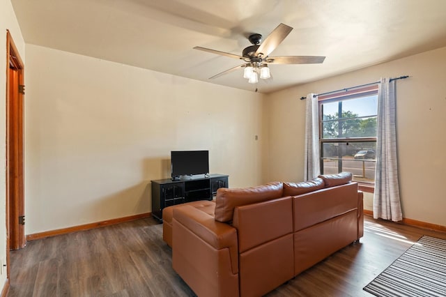 living room featuring ceiling fan and dark hardwood / wood-style flooring