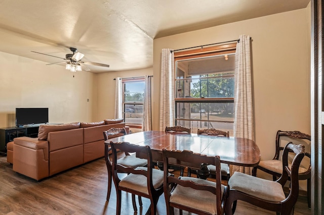 dining area featuring ceiling fan, hardwood / wood-style flooring, and a healthy amount of sunlight