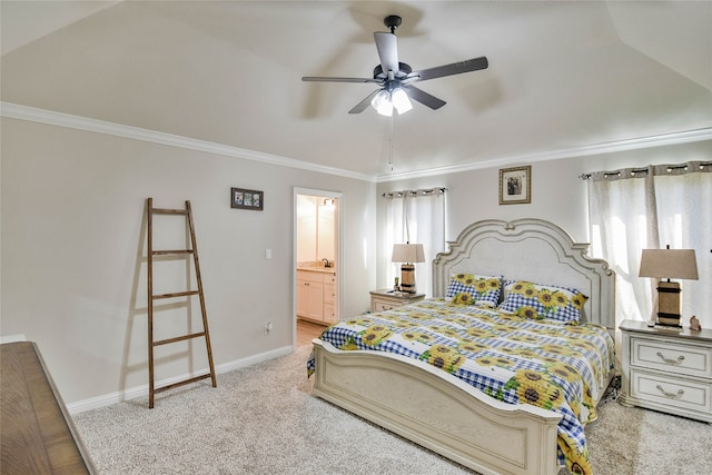 bedroom with ceiling fan, carpet floors, connected bathroom, and ornamental molding