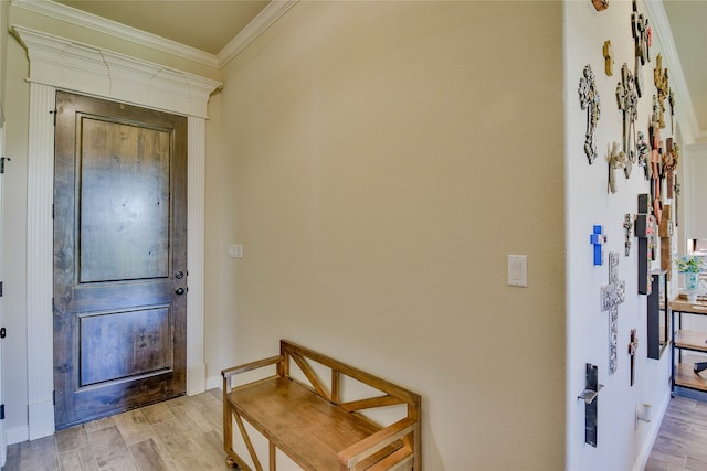 entrance foyer with ornamental molding and light wood-type flooring