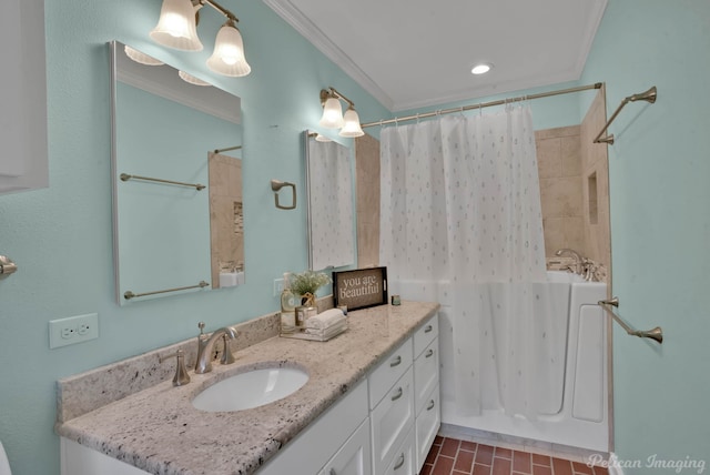 bathroom featuring vanity, ornamental molding, and shower / bathtub combination with curtain