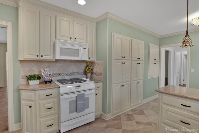 kitchen featuring white appliances, ornamental molding, pendant lighting, decorative backsplash, and light tile patterned floors