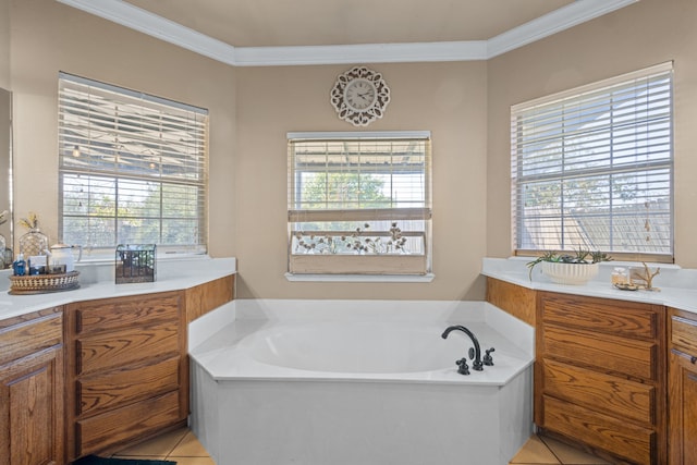 bathroom featuring a wealth of natural light, a washtub, and vanity