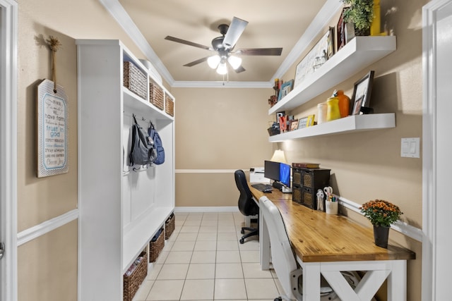 office area featuring ornamental molding, ceiling fan, and light tile patterned floors