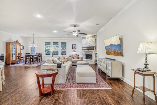 living room featuring crown molding, ceiling fan, and dark wood-type flooring