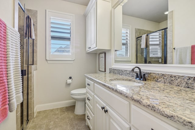 bathroom featuring toilet, vanity, tile patterned floors, and a shower with shower door