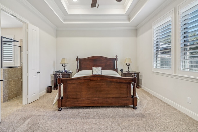 carpeted bedroom with ceiling fan and ornamental molding