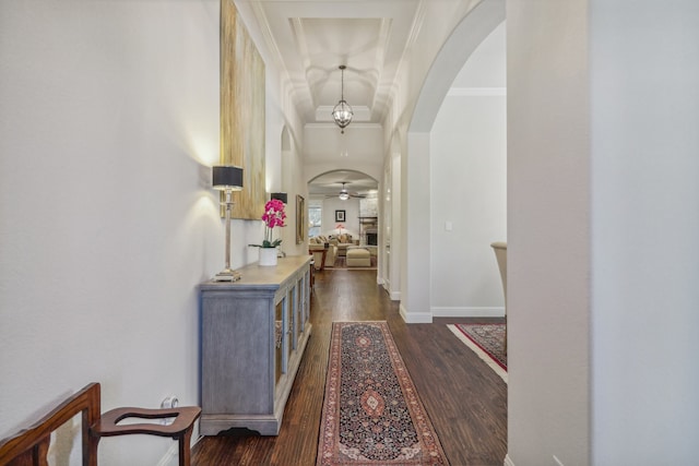 hall featuring crown molding and dark wood-type flooring