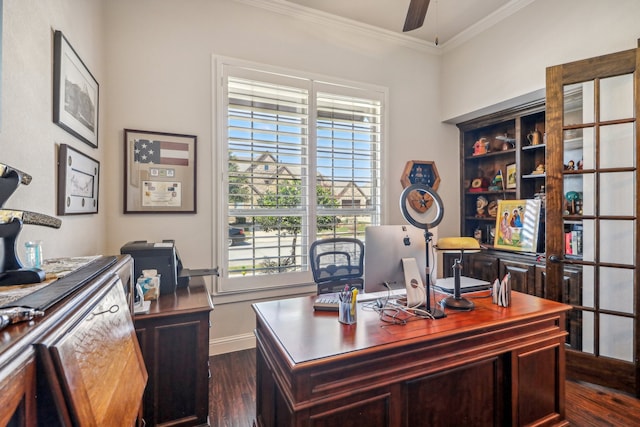 office with dark hardwood / wood-style floors, ceiling fan, and crown molding