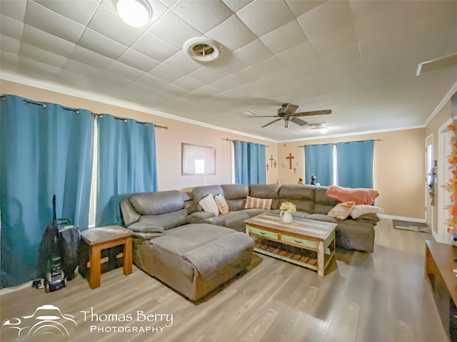 living room featuring hardwood / wood-style floors, ceiling fan, and ornamental molding