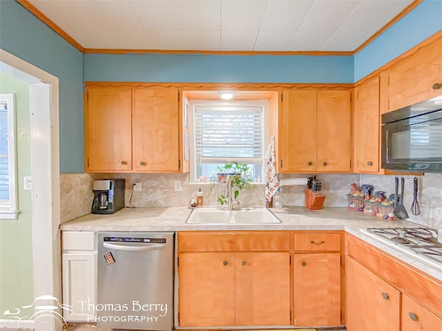 kitchen with decorative backsplash, ornamental molding, sink, and appliances with stainless steel finishes