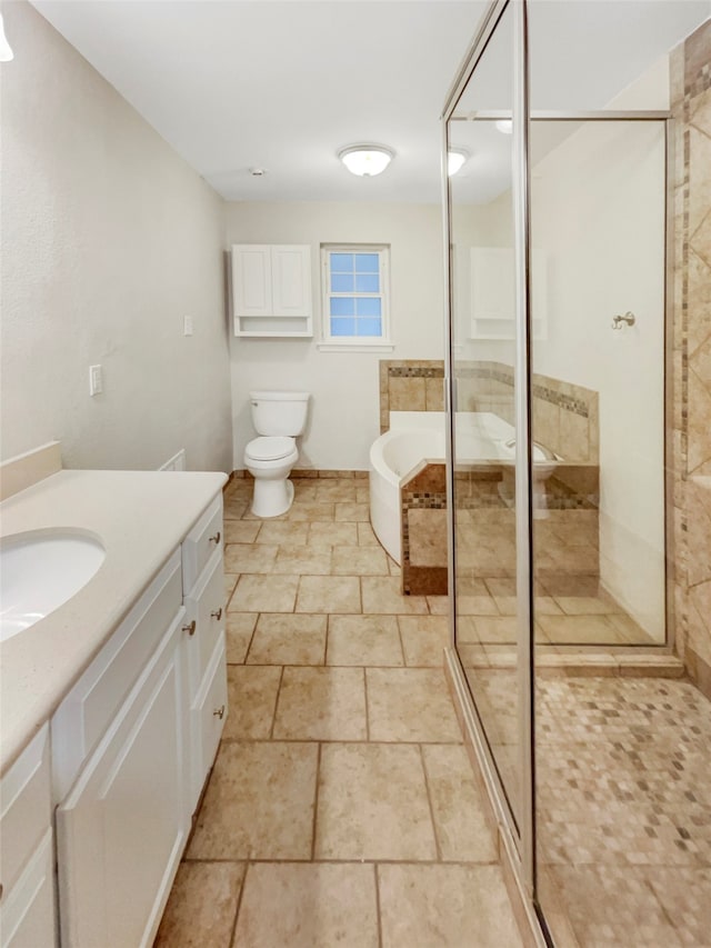 full bathroom with vanity, plus walk in shower, and toilet