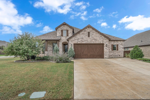 french country style house featuring a garage and a front lawn