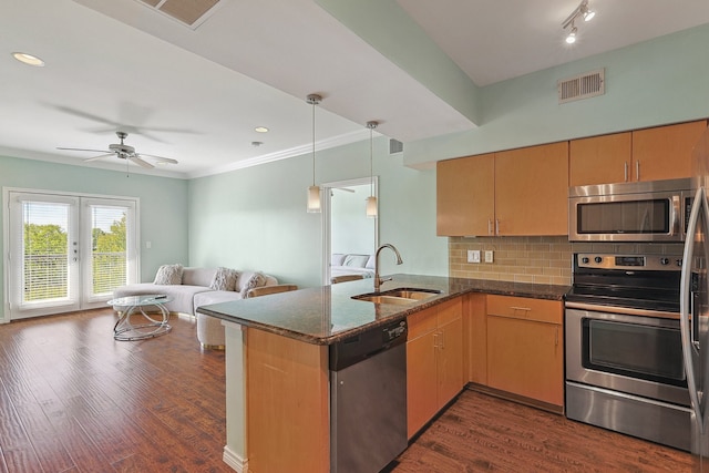 kitchen with sink, dark hardwood / wood-style flooring, kitchen peninsula, and stainless steel appliances