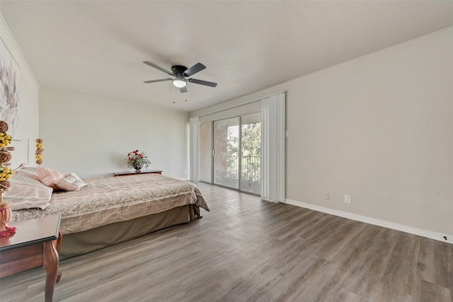 bedroom with wood-type flooring, crown molding, access to outside, and ceiling fan