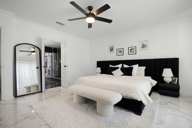 bedroom with a textured ceiling, connected bathroom, ornamental molding, and ceiling fan