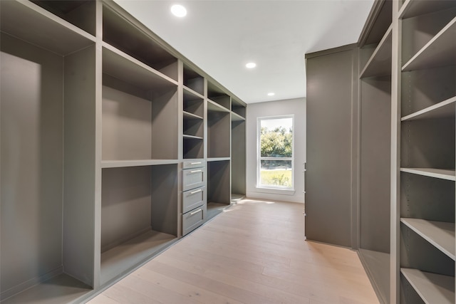 walk in closet with light hardwood / wood-style floors