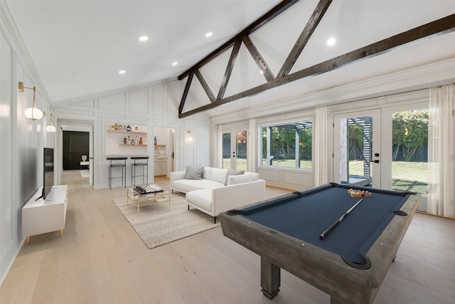 rec room featuring billiards, high vaulted ceiling, light wood-type flooring, beam ceiling, and french doors