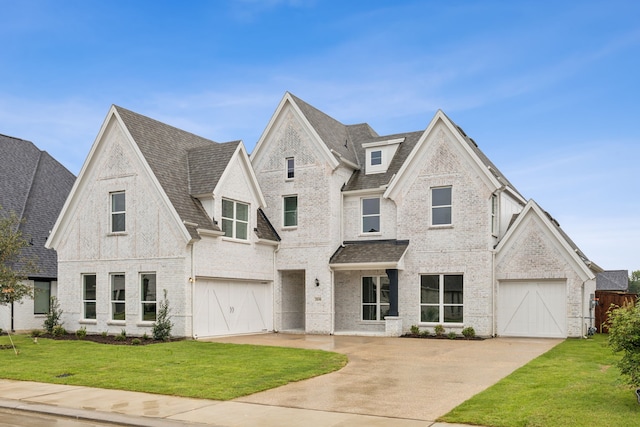 view of front of home featuring brick siding, a shingled roof, driveway, and a front yard