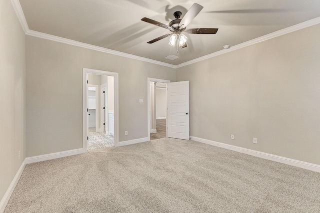 interior space featuring ornamental molding and ceiling fan