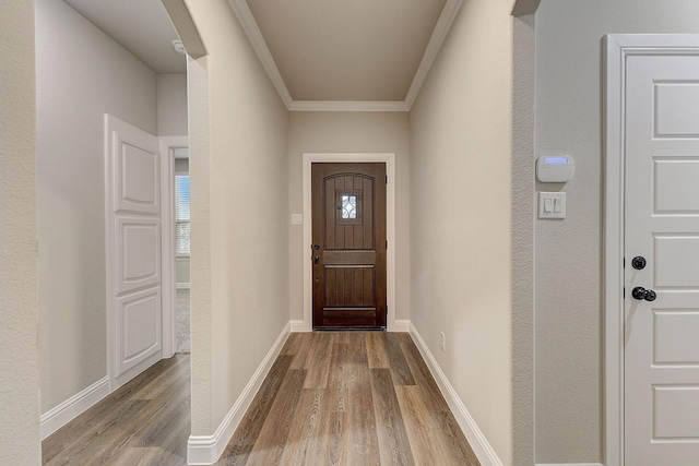 doorway featuring light hardwood / wood-style floors, ornamental molding, and a wealth of natural light