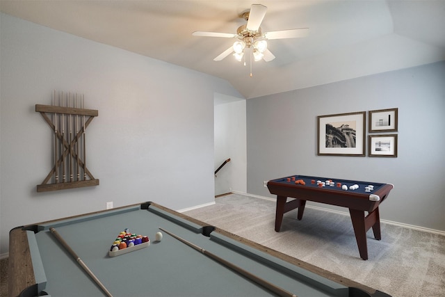 recreation room featuring carpet flooring, vaulted ceiling, ceiling fan, and billiards